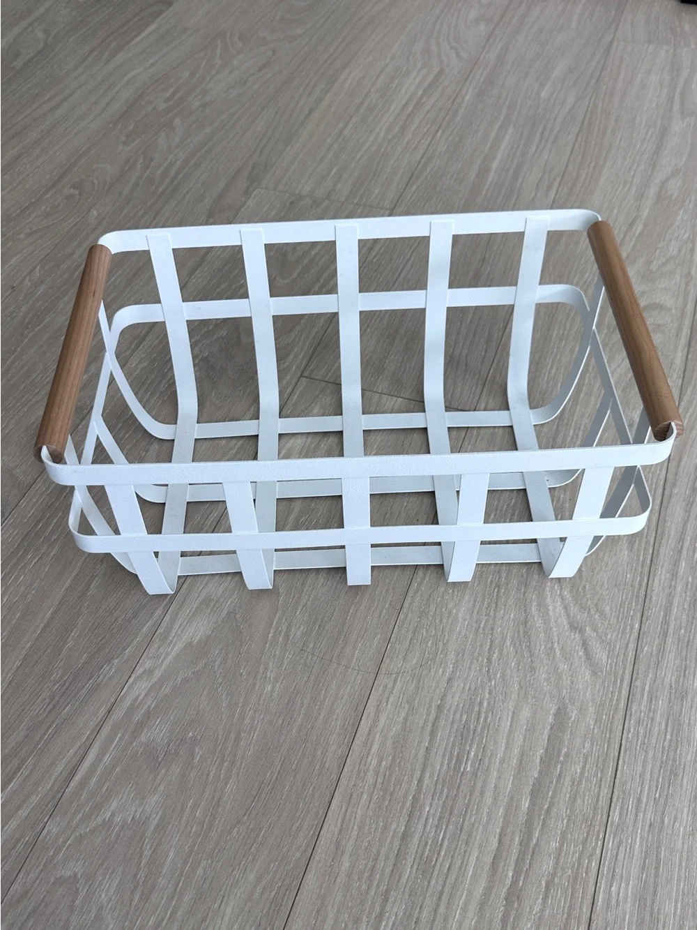 Yamazaki White Metal Basket with Wooden Handles